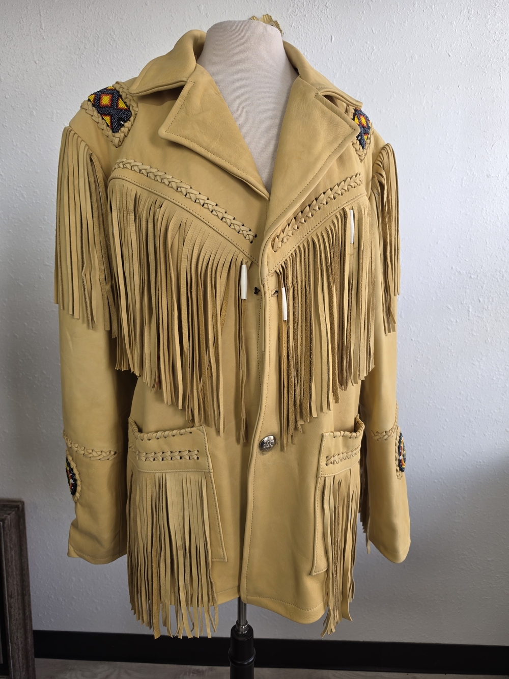 NWT Dealer Leather Rosette Bones Fringe Jacket 2XL Beaded Western Mustard